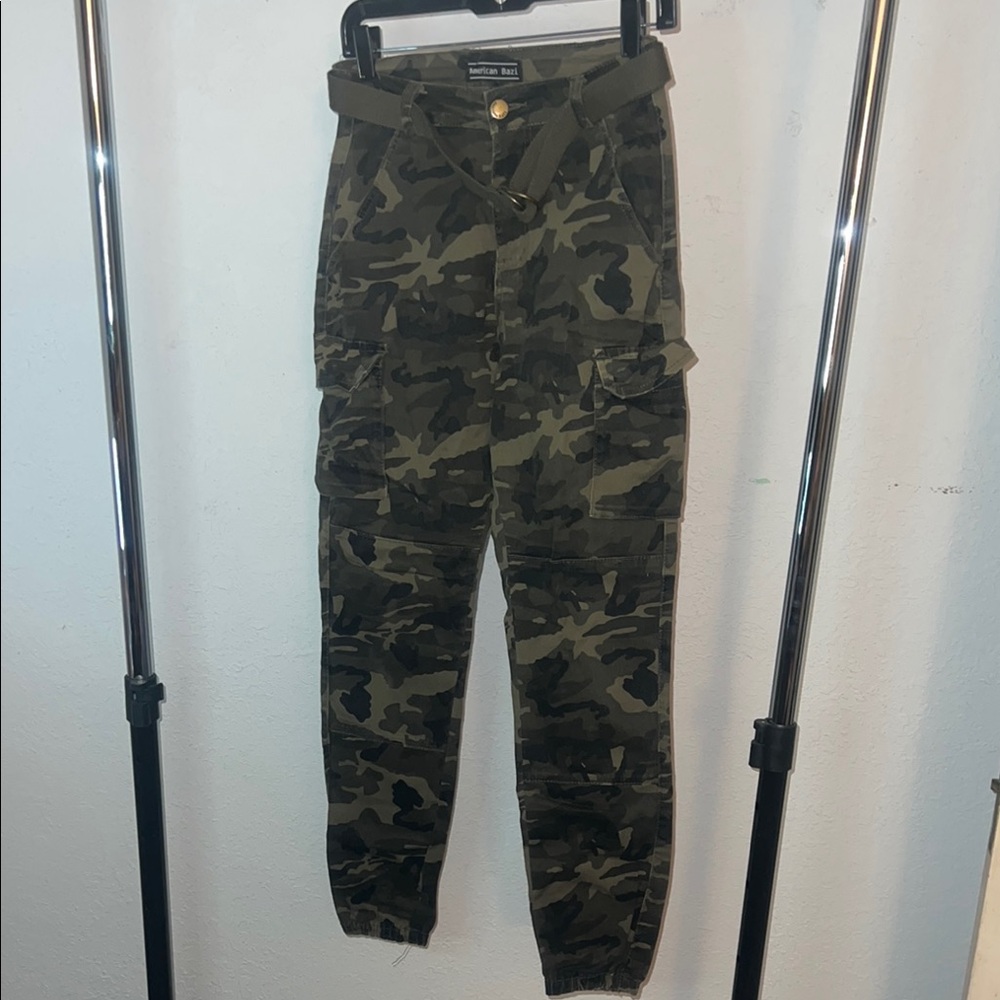 Green Cargo Pants with Tapered Legs and Elastic Cuffs
